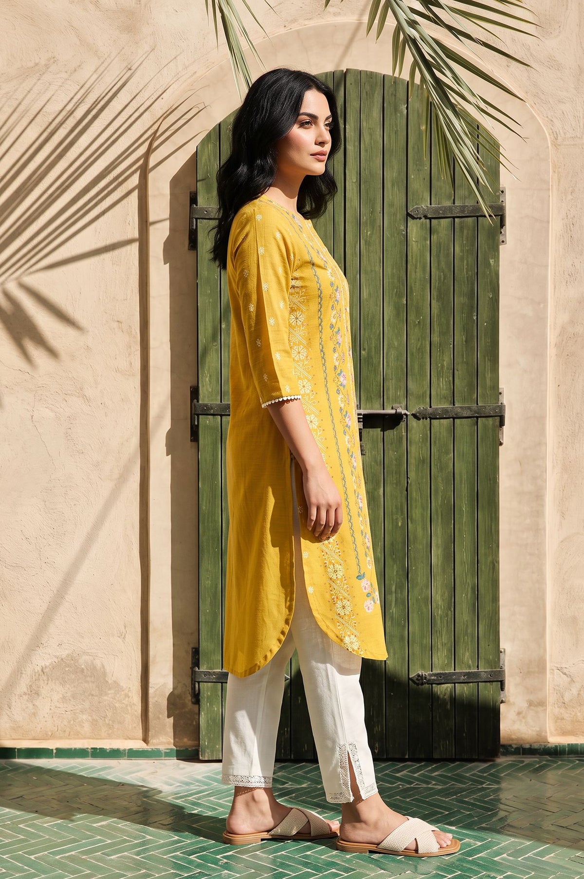 Yellow Floral Printed Lace Pure Cotton Straight Kurta with Slim Pant Set