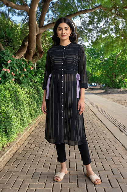 Black Yarn Dyed Striped Cotton Flax Straight Kurta with Jeggings