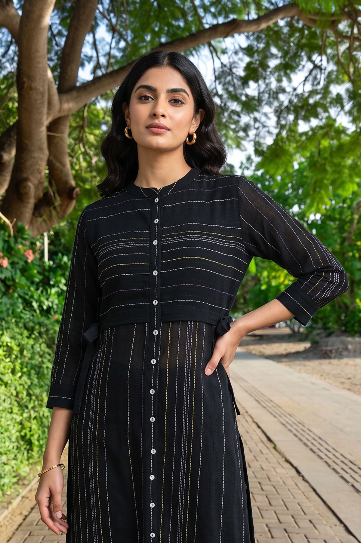 Black Yarn Dyed Striped Cotton Flax Straight Kurta with Jeggings