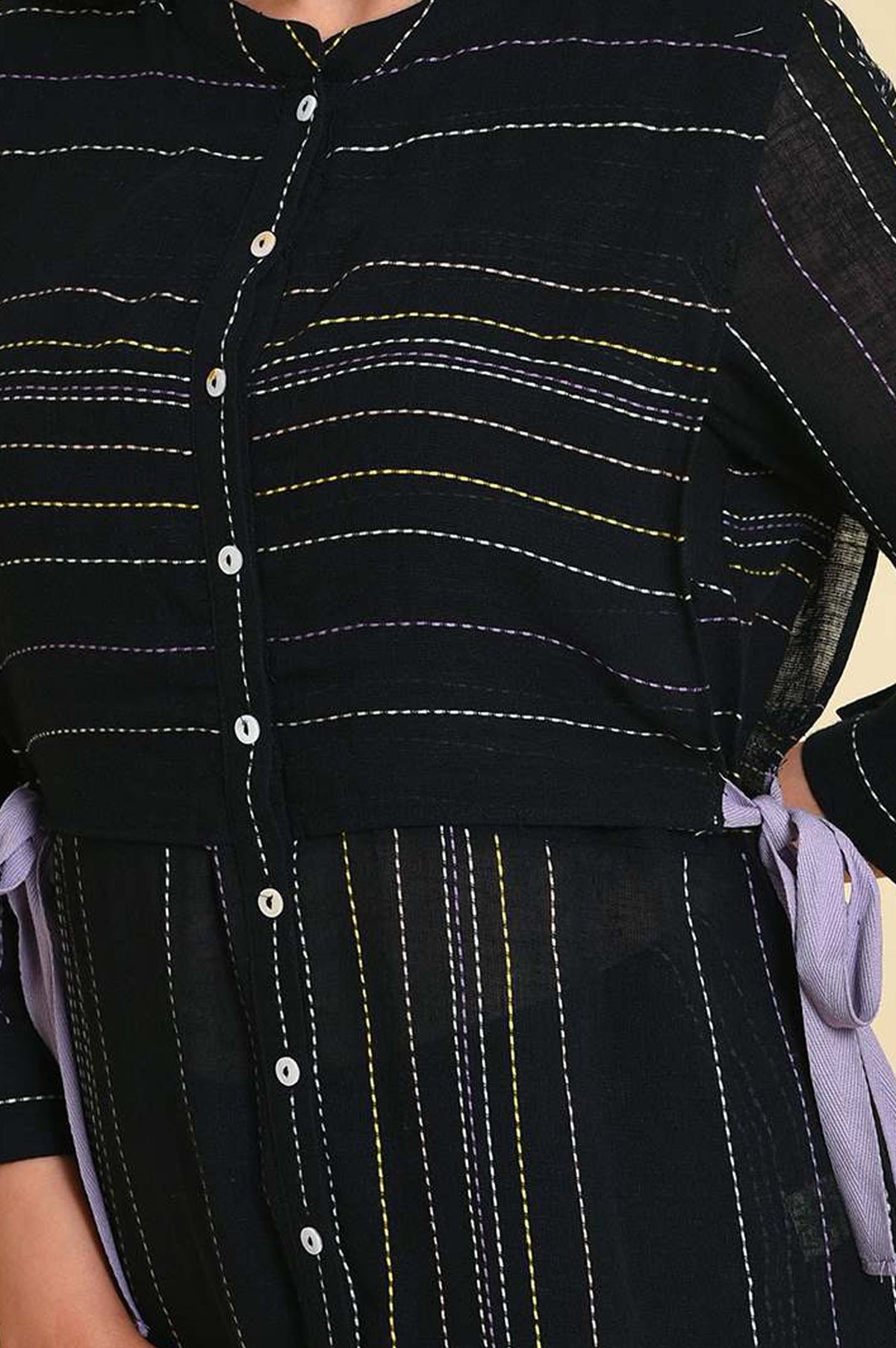 Black Yarn Dyed Striped Cotton Flax Straight Kurta with Jeggings