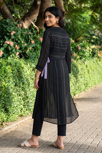 Black Yarn Dyed Striped Cotton Flax Straight Kurta with Jeggings