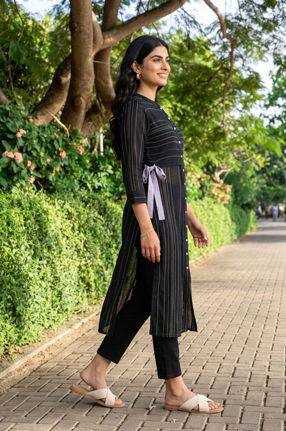 Black Yarn Dyed Striped Cotton Flax Straight Kurta with Jeggings