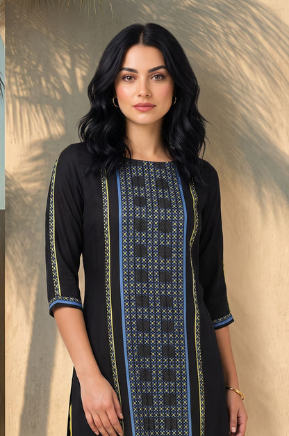 Black Geometric Printed Yarn Dyed Jacquard Straight Kurta with Straight Pants Set