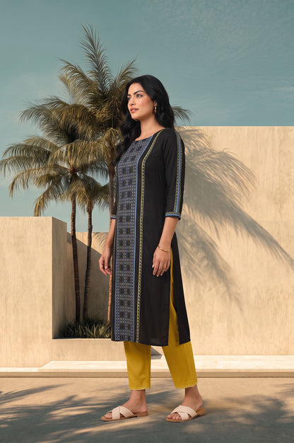 Black Geometric Printed Yarn Dyed Jacquard Straight Kurta with Straight Pants Set