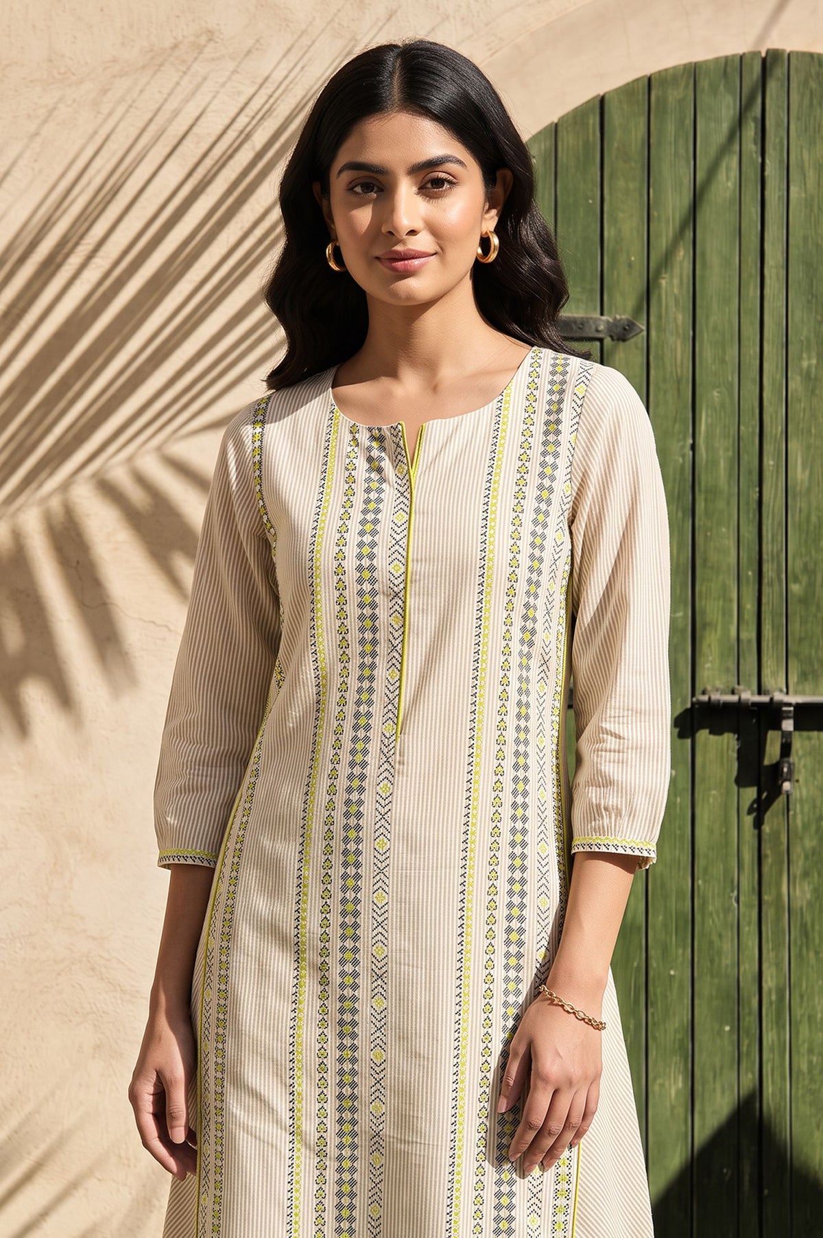 Beige Striped Pure Cotton Straight Kurta with Trousers Set