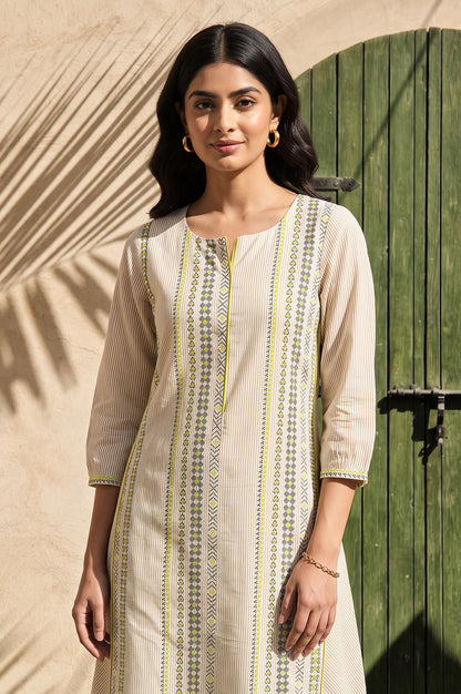 Beige Striped Pure Cotton Straight Kurta with Trousers Set