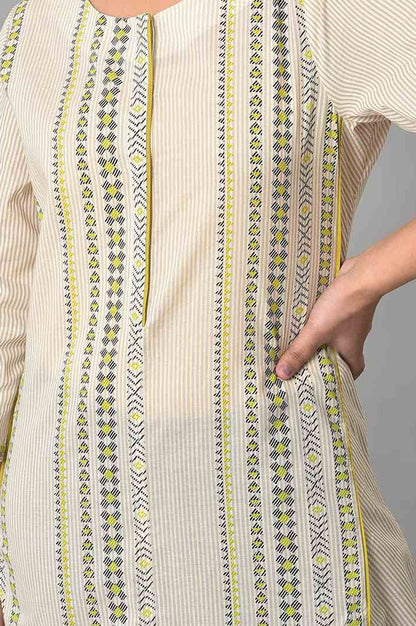 Beige Striped Pure Cotton Straight Kurta with Trousers Set