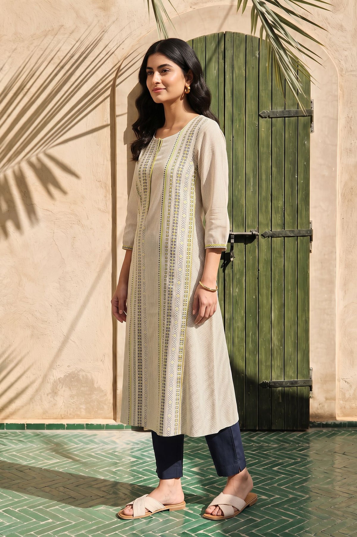 Beige Striped Pure Cotton Straight Kurta with Trousers Set