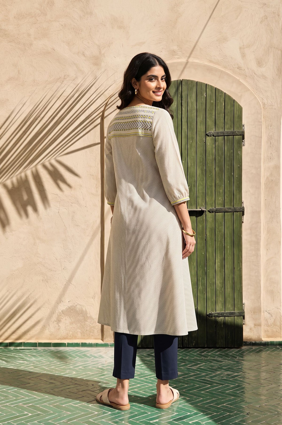 Beige Striped Pure Cotton Straight Kurta with Trousers Set