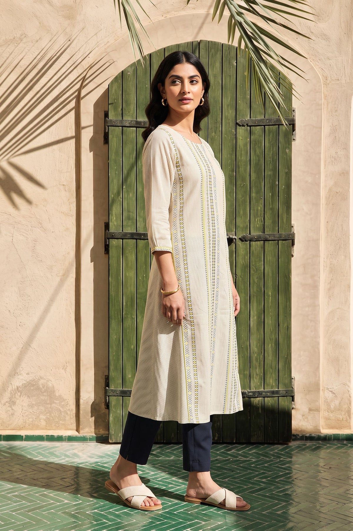 Beige Striped Pure Cotton Straight Kurta with Trousers Set