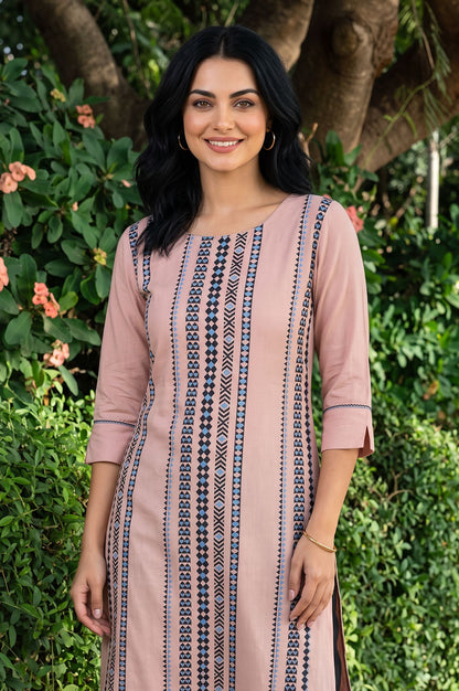 Pink Geometric Printed Yarn Dyed Rayon Jacquard Straight Kurta with Slim Pant