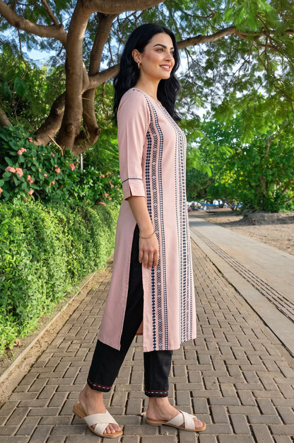 Pink Geometric Printed Yarn Dyed Rayon Jacquard Straight Kurta with Slim Pant