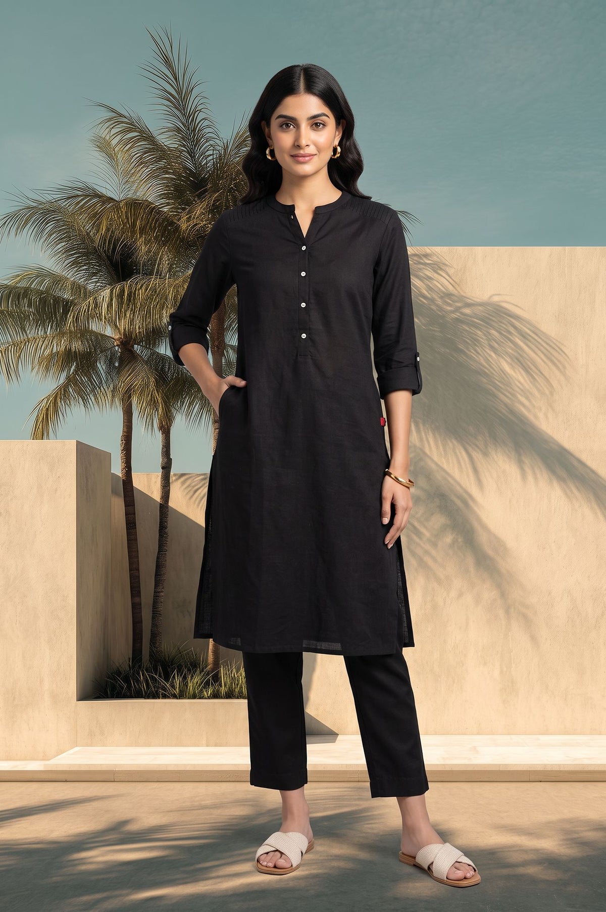 Black Solid Cotton Flax Straight Kurta with Slim Pant Set