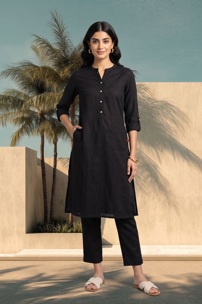 Black Solid Cotton Flax Straight Kurta with Slim Pant Set