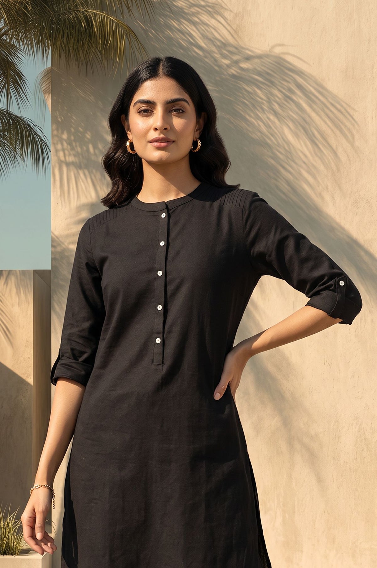 Black Solid Cotton Flax Straight Kurta with Slim Pant Set