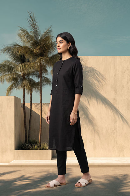 Black Solid Cotton Flax Straight Kurta with Slim Pant Set