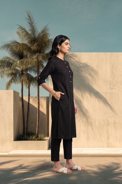 Black Solid Cotton Flax Straight Kurta with Slim Pant Set