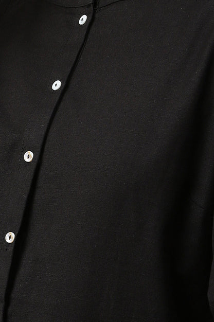 Black Solid Cotton Flax Straight Kurta with Slim Pant Set