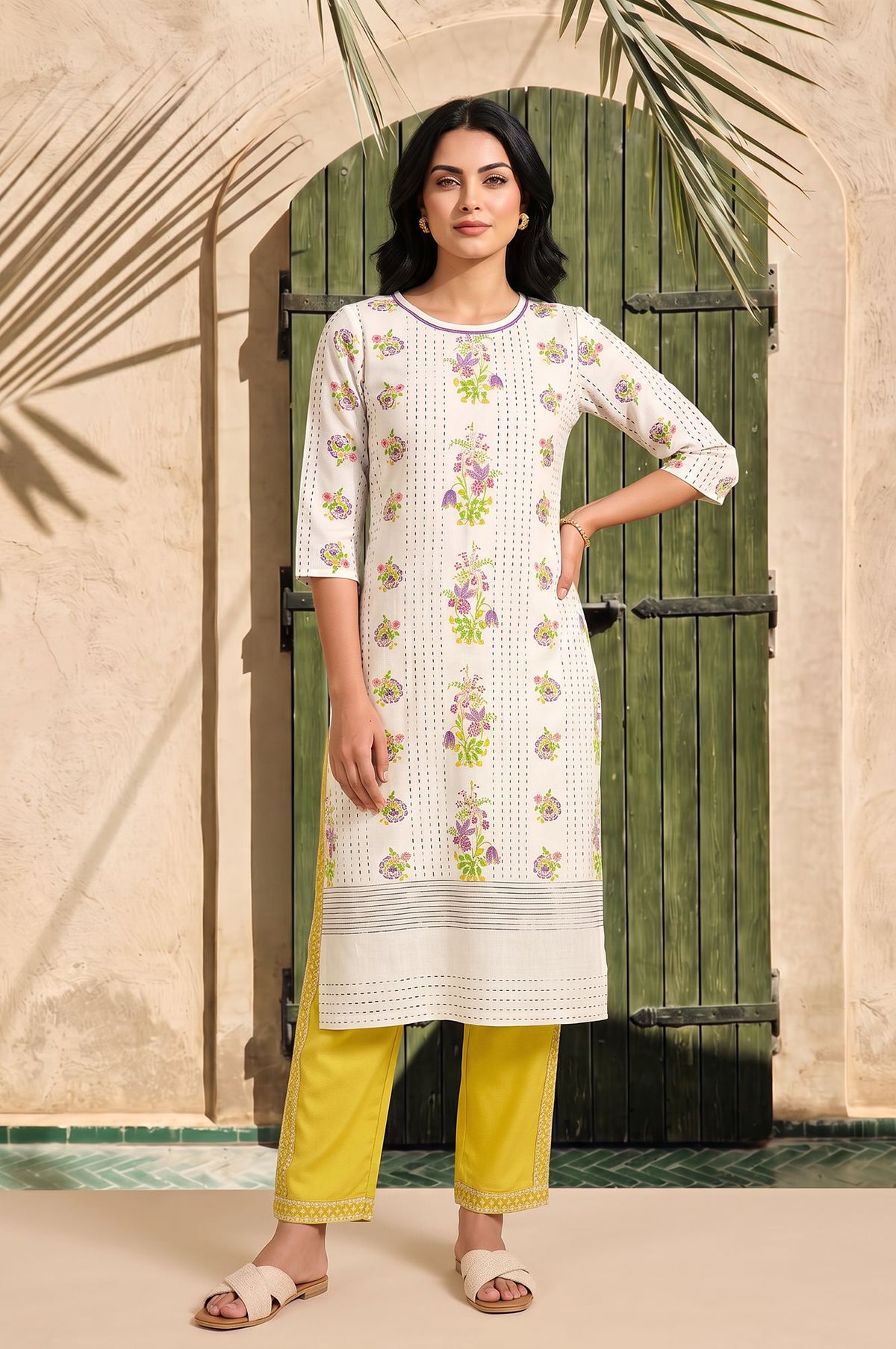 Off White Floral Printed Cotton Flax Straight Kurta with Straight Pants Set