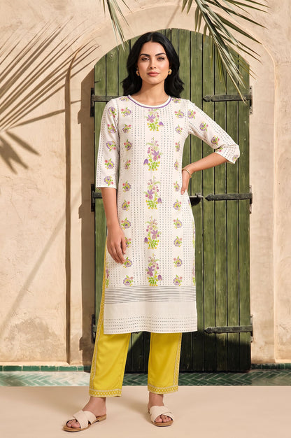 Off White Floral Printed Cotton Flax Straight Kurta with Straight Pants Set