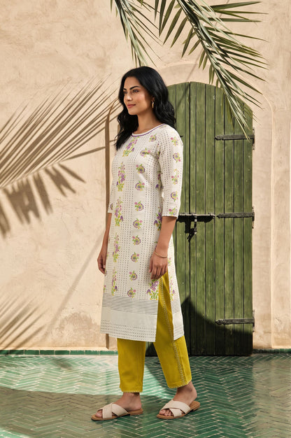 Off White Floral Printed Cotton Flax Straight Kurta with Straight Pants Set