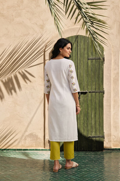 Off White Floral Printed Cotton Flax Straight Kurta with Straight Pants Set