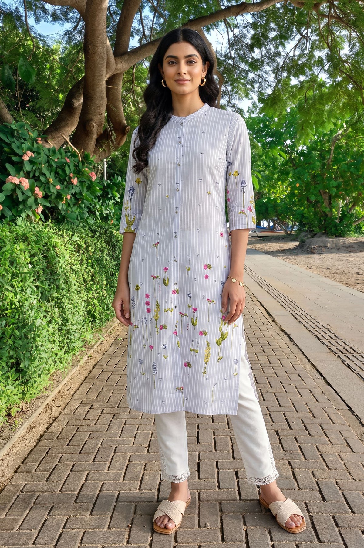 Grey Floral Printed Rayon Straight Kurta with Slim Pant Set