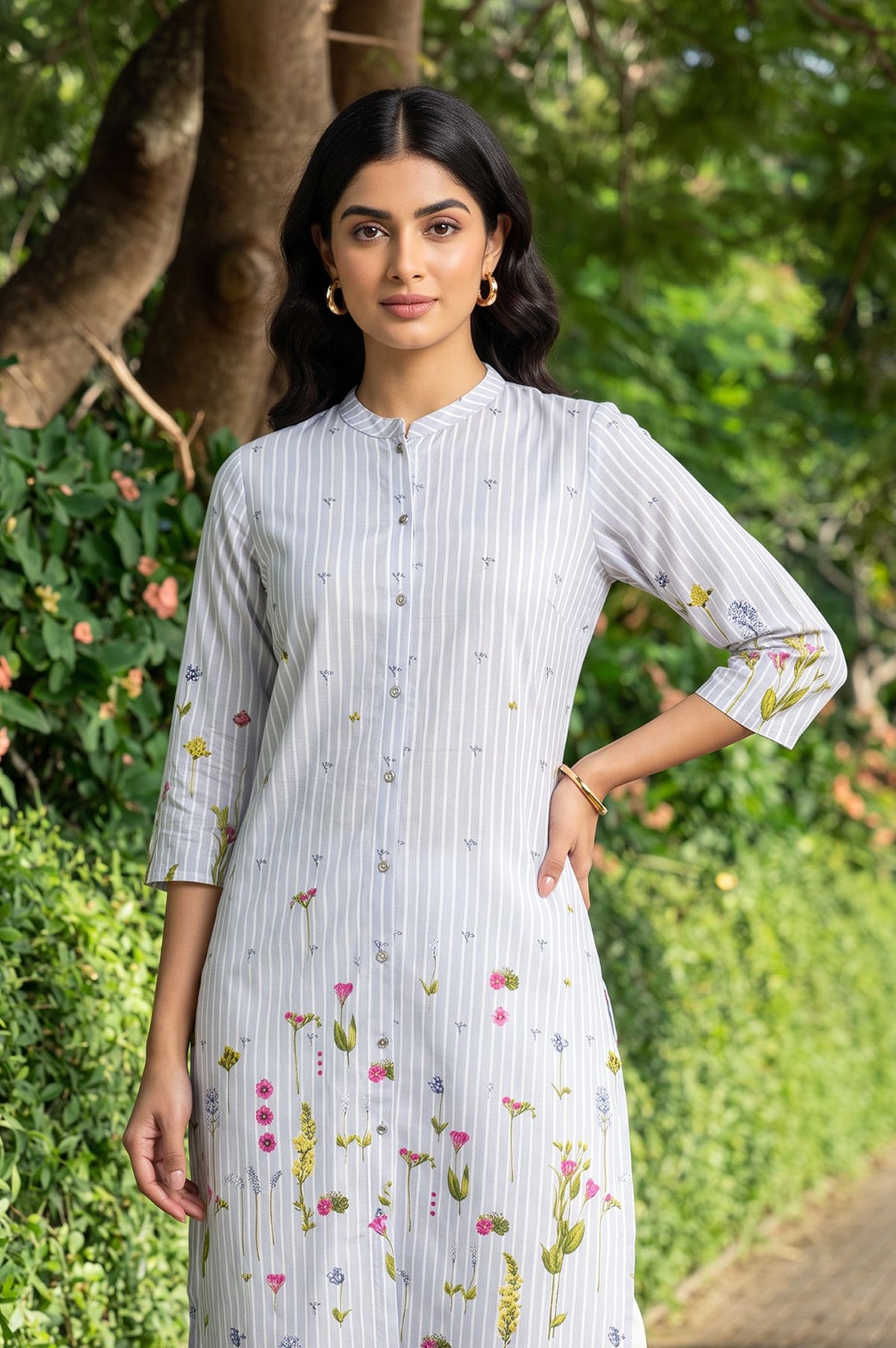 Grey Floral Printed Rayon Straight Kurta with Slim Pant Set