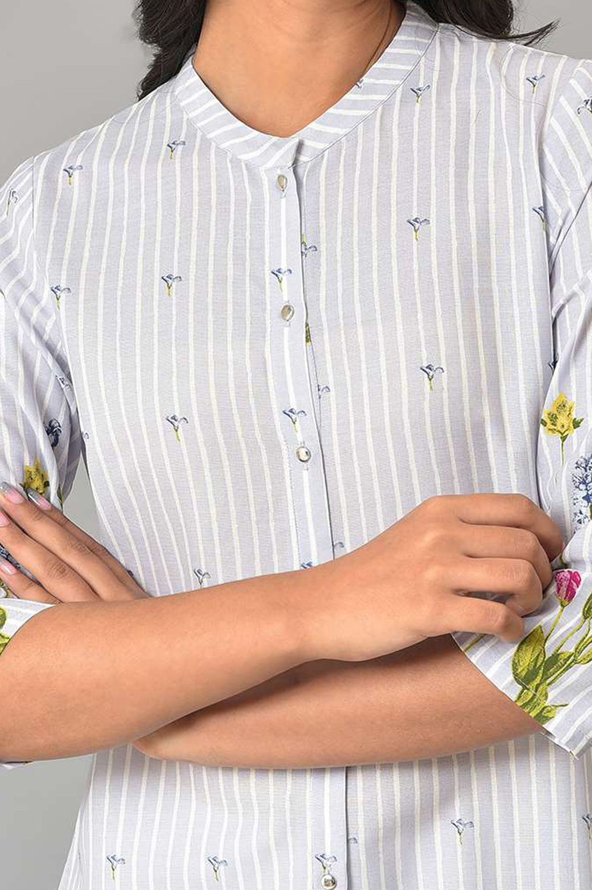 Grey Floral Printed Rayon Straight Kurta with Slim Pant Set