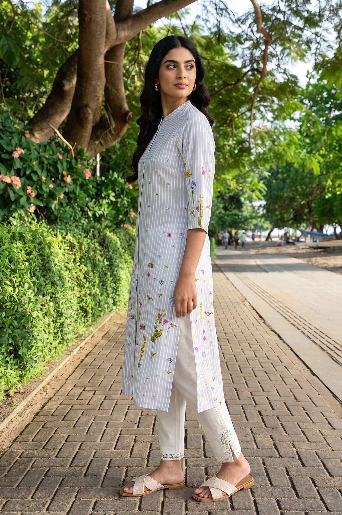 Grey Floral Printed Rayon Straight Kurta with Slim Pant Set