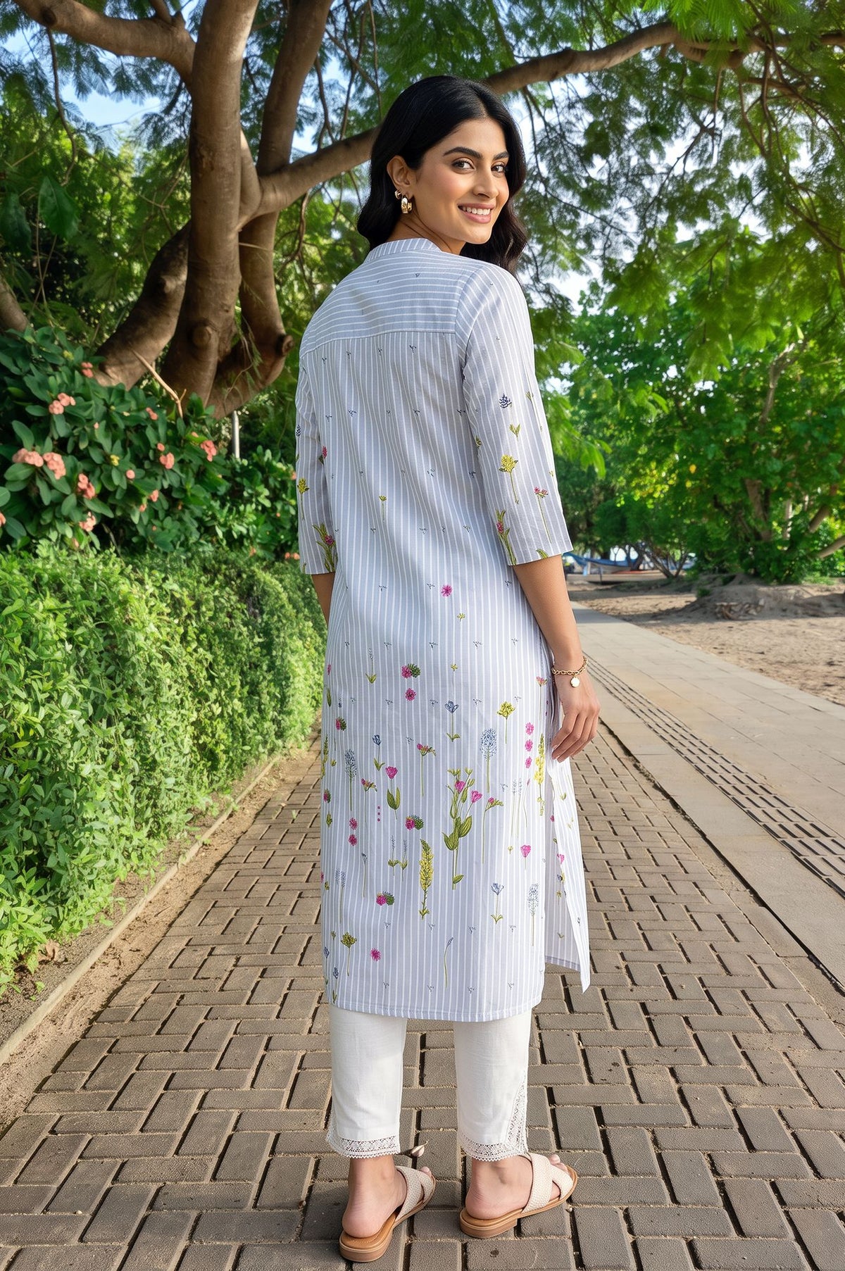Grey Floral Printed Rayon Straight Kurta with Slim Pant Set