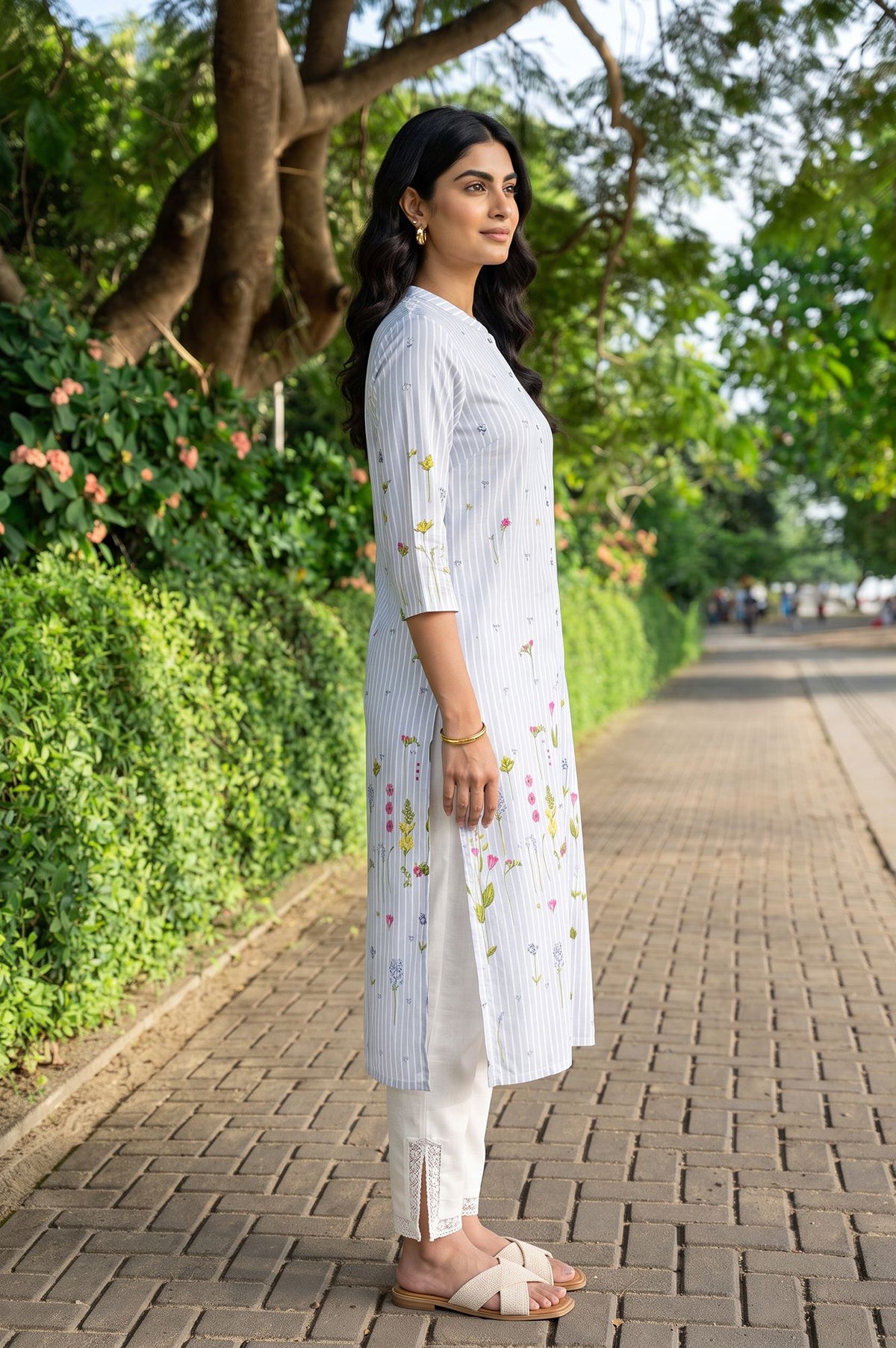 Grey Floral Printed Rayon Straight Kurta with Slim Pant Set