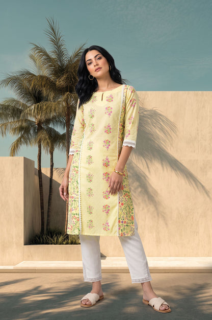 Yellow Floral Printed Lace Pure Cotton Straight Kurta with Slim Pants Set