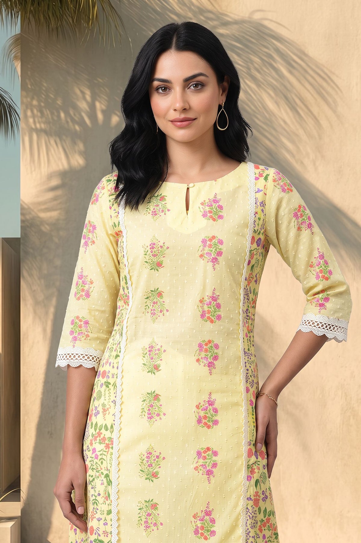 Yellow Floral Printed Lace Pure Cotton Straight Kurta with Slim Pants Set