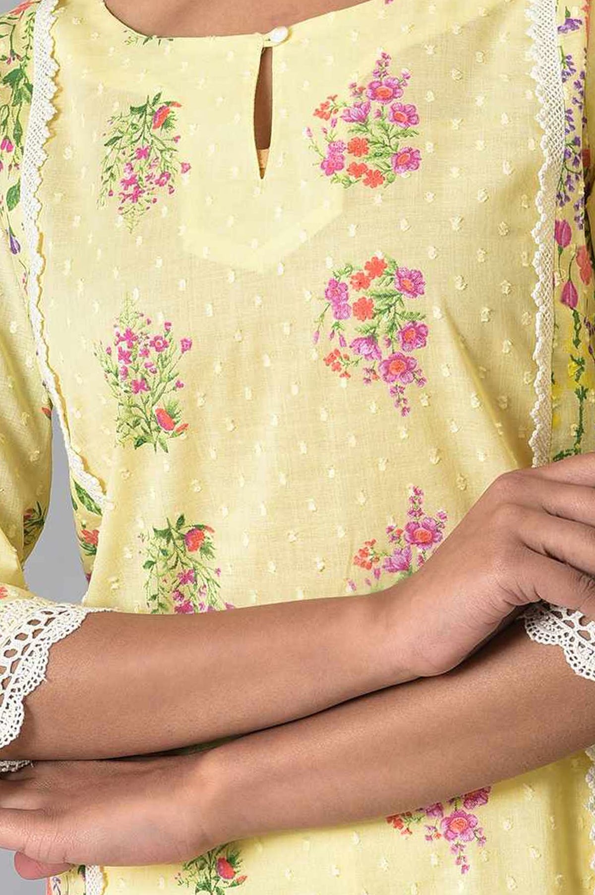 Yellow Floral Printed Lace Pure Cotton Straight Kurta with Slim Pants Set