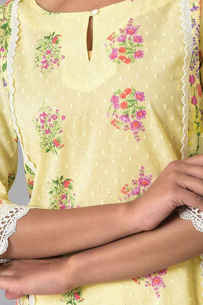 Yellow Floral Printed Lace Pure Cotton Straight Kurta with Slim Pants Set