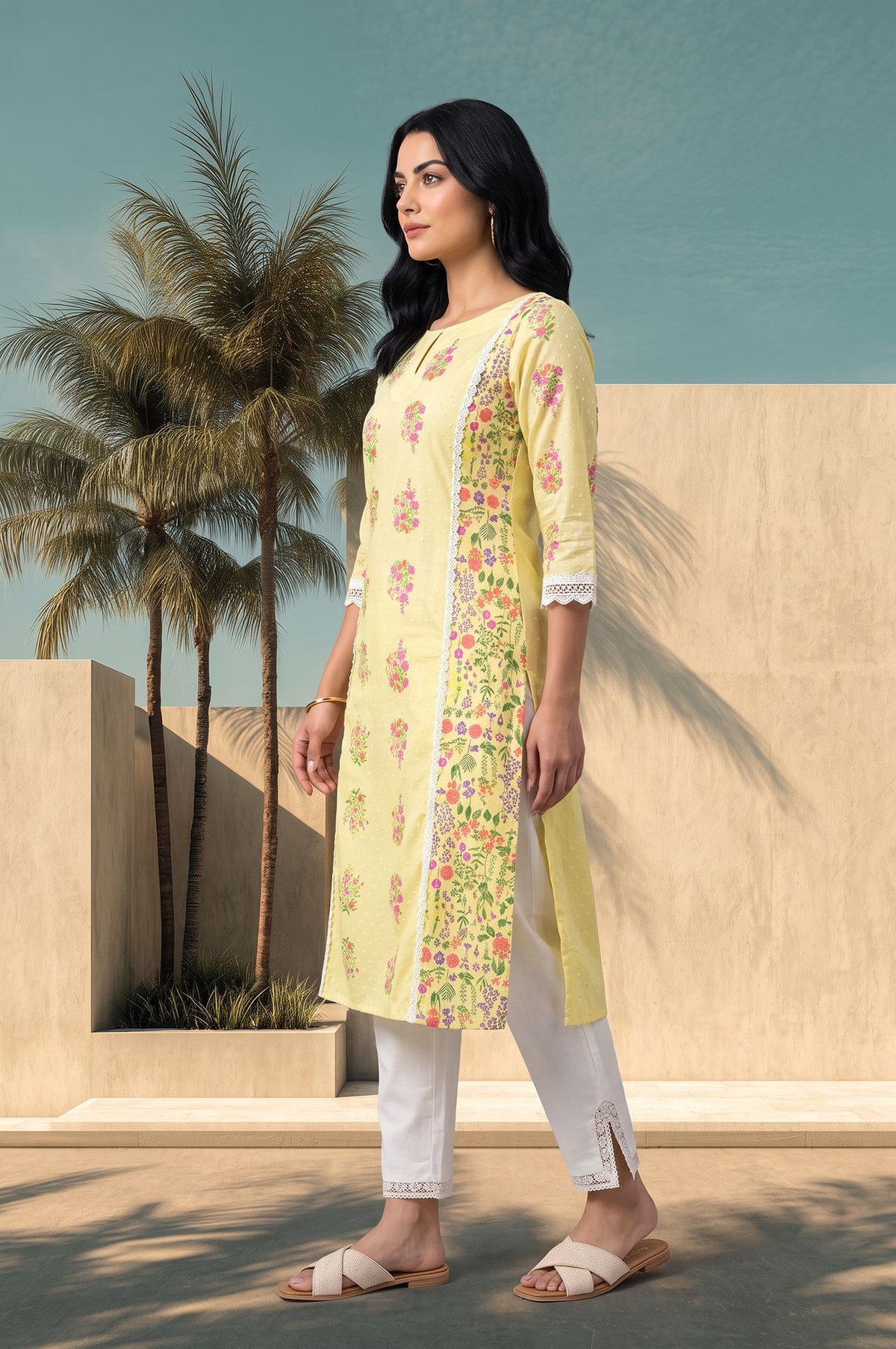 Yellow Floral Printed Lace Pure Cotton Straight Kurta with Slim Pants Set