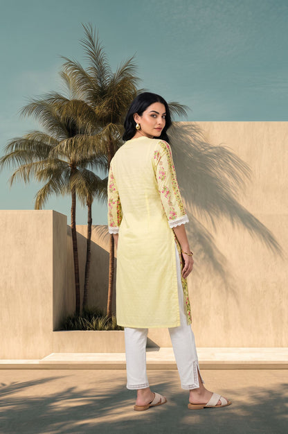 Yellow Floral Printed Lace Pure Cotton Straight Kurta with Slim Pants Set