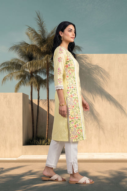 Yellow Floral Printed Lace Pure Cotton Straight Kurta with Slim Pants Set