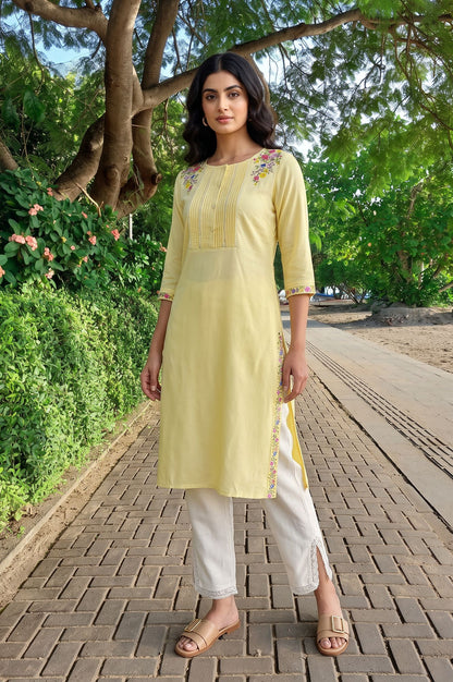 W Yellow Thread Embroidered Rayon Straight Kurta with Slim Pant