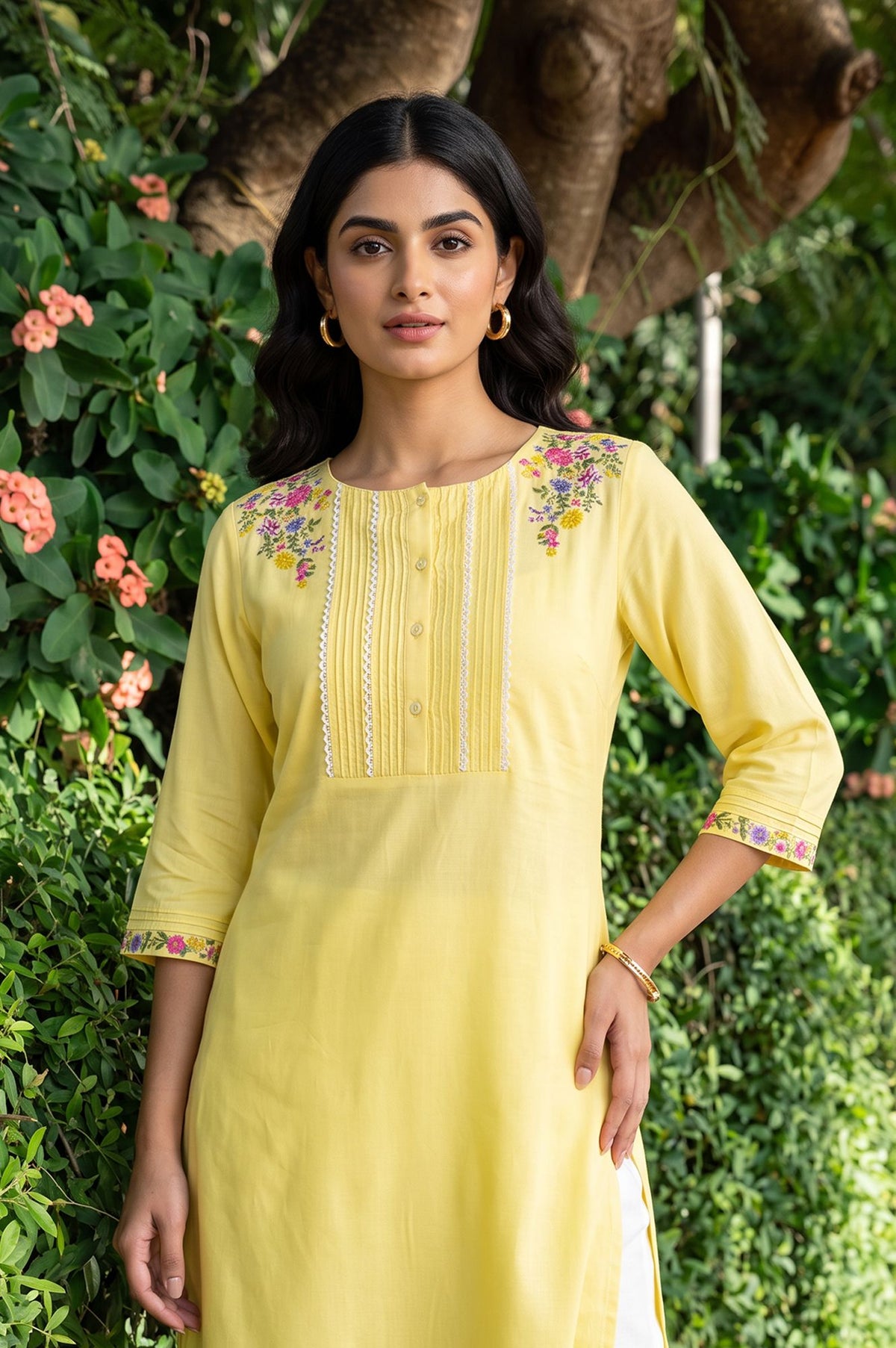 W Yellow Thread Embroidered Rayon Straight Kurta with Slim Pant