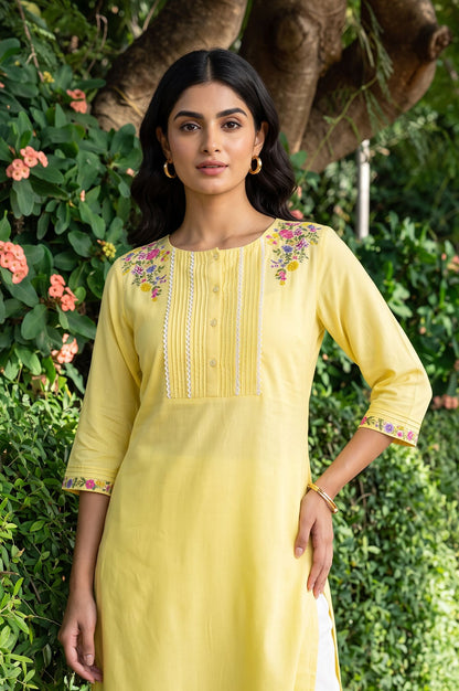 W Yellow Thread Embroidered Rayon Straight Kurta with Slim Pant