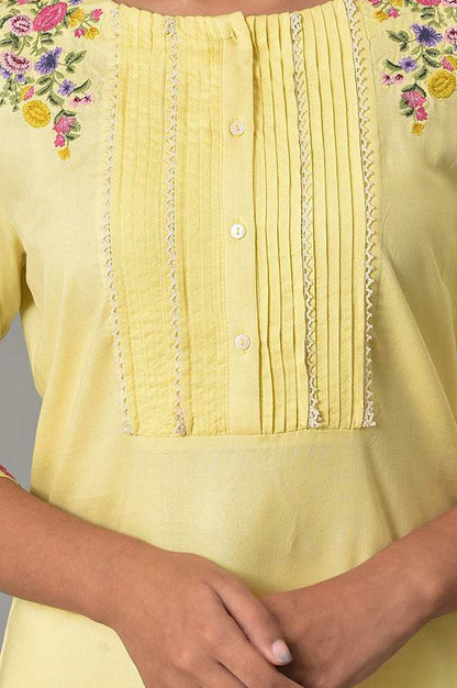 W Yellow Thread Embroidered Rayon Straight Kurta with Slim Pant
