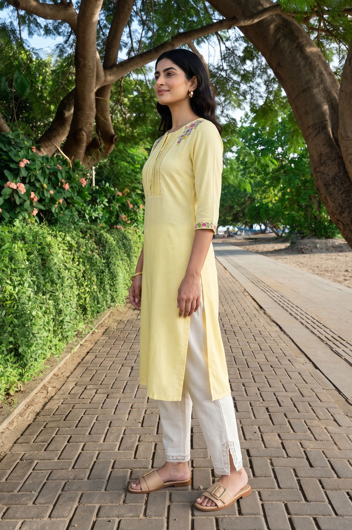 W Yellow Thread Embroidered Rayon Straight Kurta with Slim Pant