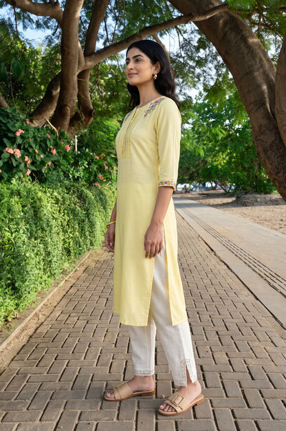 W Yellow Thread Embroidered Rayon Straight Kurta with Slim Pant