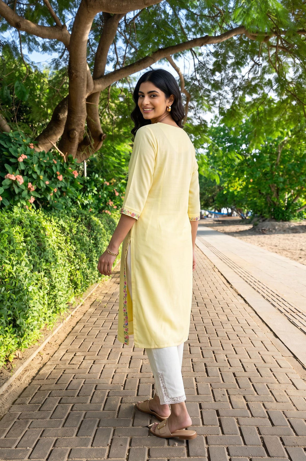 W Yellow Thread Embroidered Rayon Straight Kurta with Slim Pant