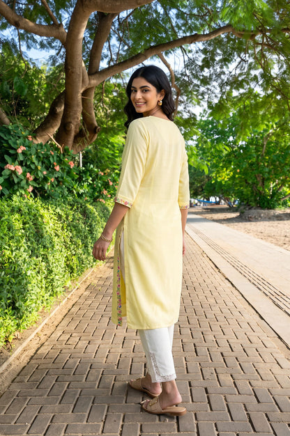 W Yellow Thread Embroidered Rayon Straight Kurta with Slim Pant