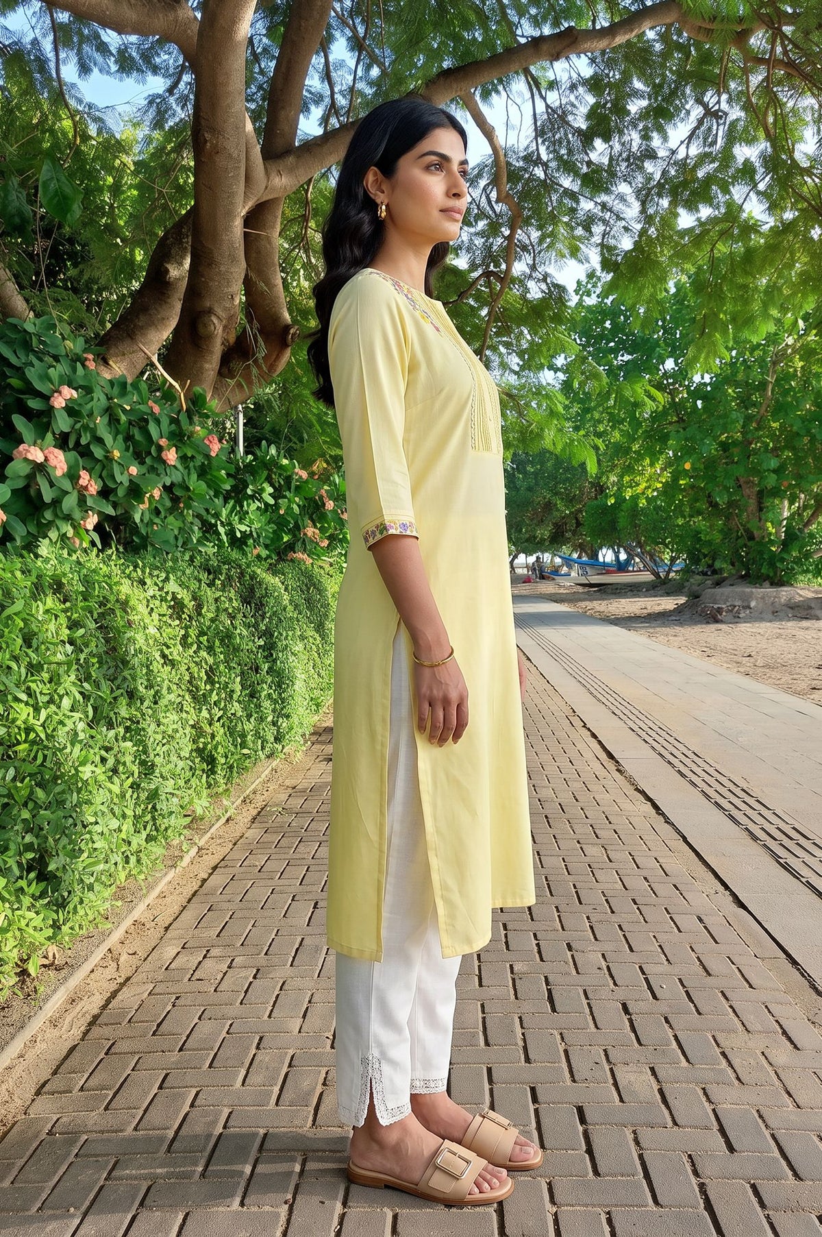 W Yellow Thread Embroidered Rayon Straight Kurta with Slim Pant