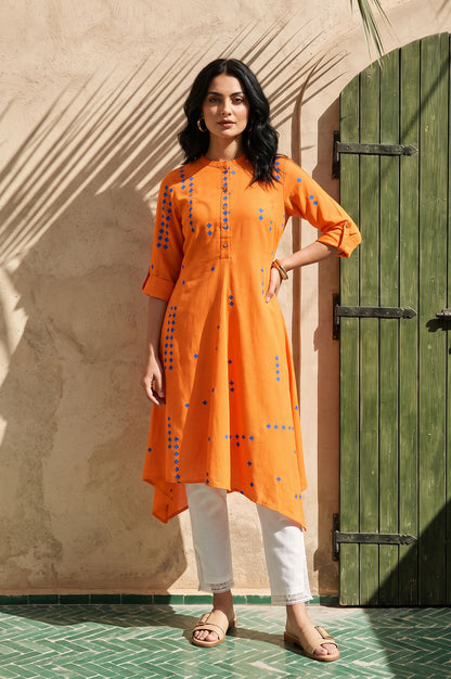 Orange Geometric Printed Lace Rayon Flax A-line Kurta with Slim Pant Set