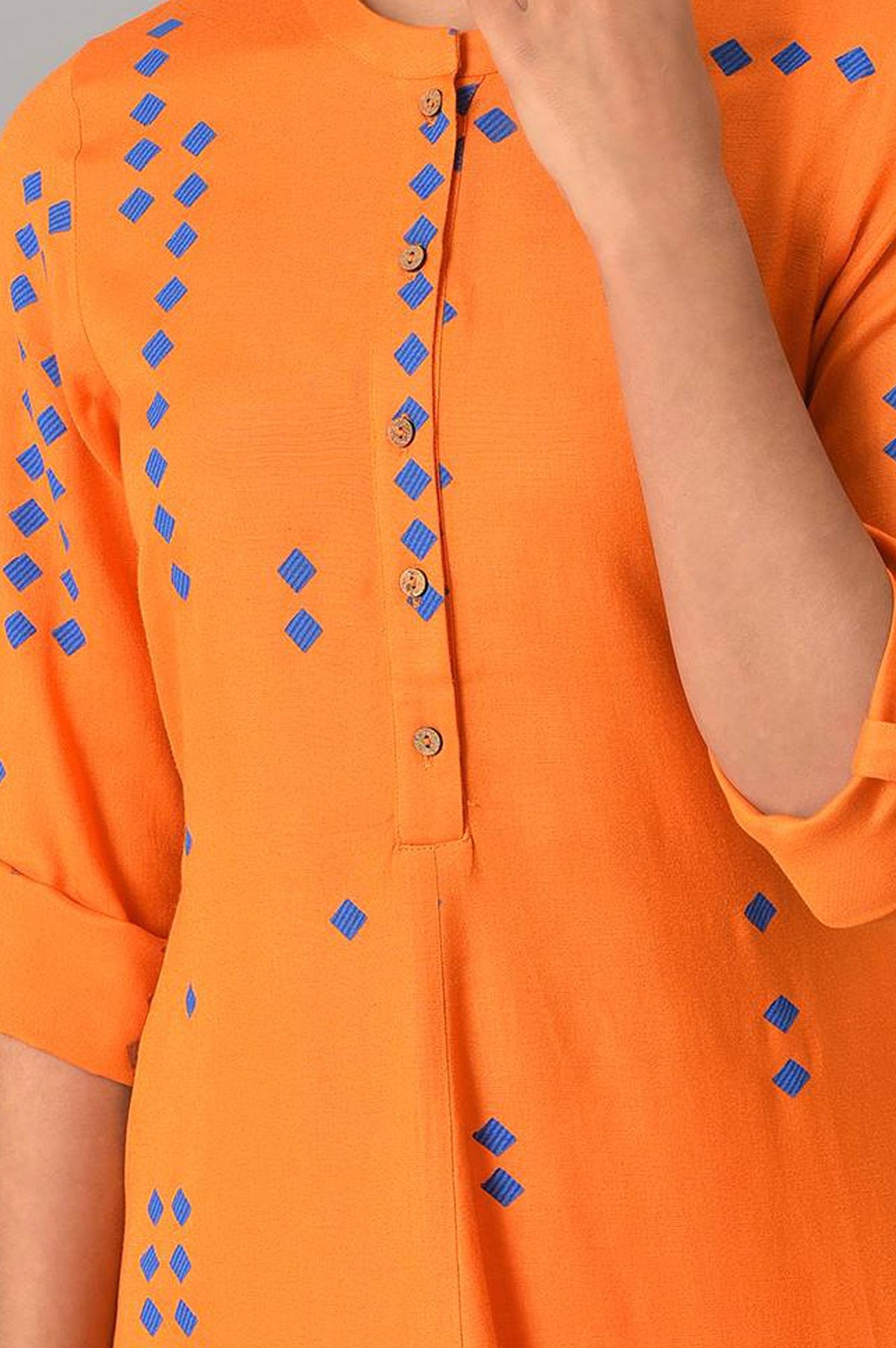 Orange Geometric Printed Lace Rayon Flax A-line Kurta with Slim Pant Set